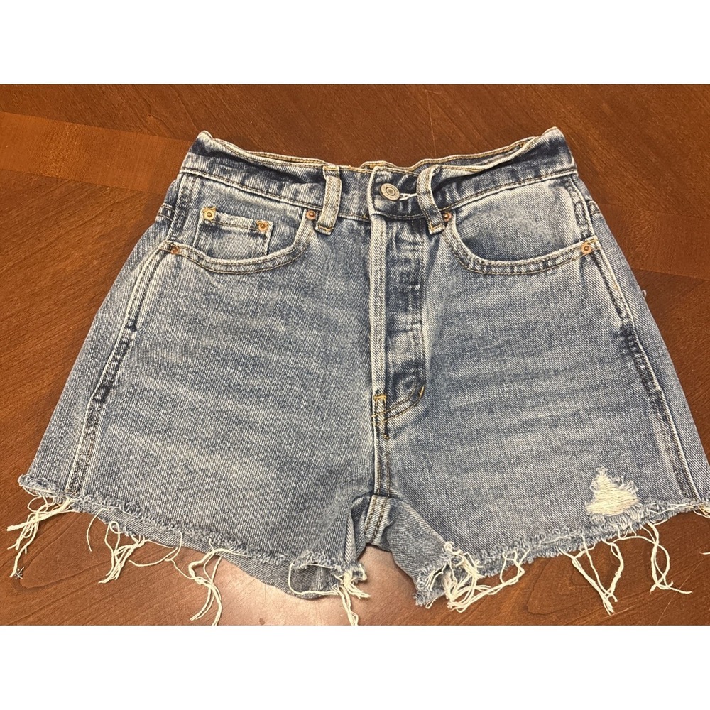 PacSun High Rise Ripped Denim Shorts Button Fly Light Wash Baggy Size 23